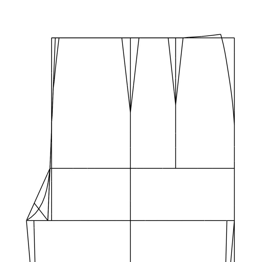 Pattern block showing three vertical darts across the upper bodice, a rotated side dart at the left, and a horizontal waistline dividing the bodice from the lower skirt section.
