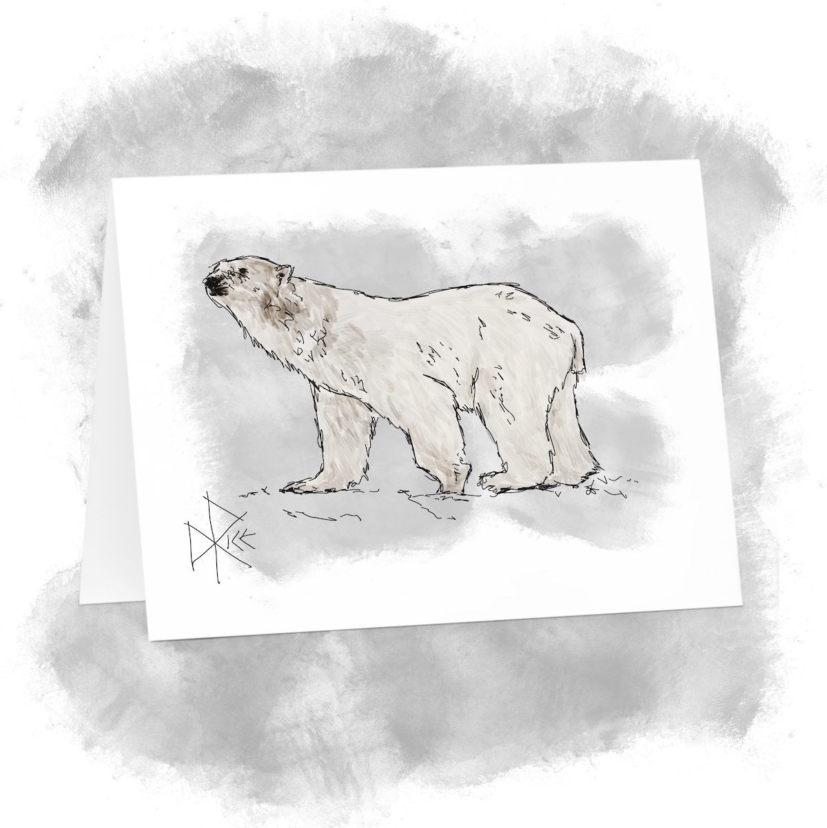 A polar bear sniffs at the wind while walking over the snowy terrain. Sketch art by Don Rice. A polar bear sniffs at the wind while walking over the snowy terrain. Sketch art by Don Rice.