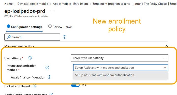 Side-by-side screenshot, old profile wizard shows the three Company Portal settings vs. the new configuration tab of the ADE policy wizard where they are missing