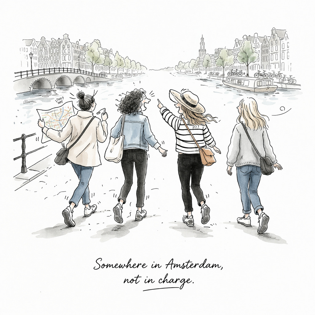 A minimalist ink illustration of four women friends walking beside an Amsterdam canal. One reads a map, one gestures forward, and the others walk alongside, with canal houses, a bridge, and boats sketched lightly in the background. A minimalist ink illustration of four women friends walking beside an Amsterdam canal. One reads a map, one gestures forward, and the others walk alongside, with canal houses, a bridge, and boats sketched lightly in the background.