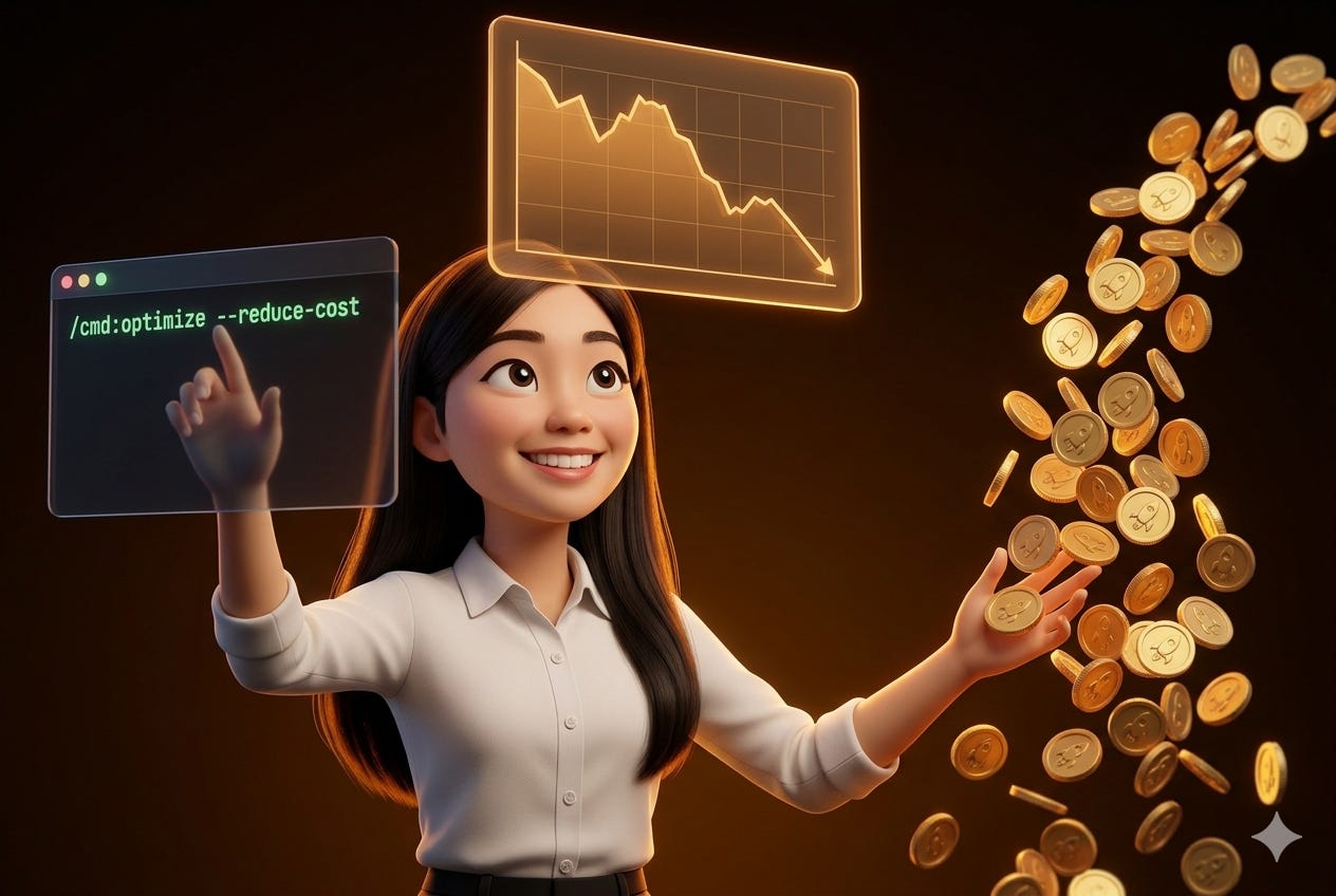 Pixar-style 3D illustration of Jenny Ouyang from Build to Launch looking at a large glowing bill receipt with a surprised expression, surrounded by floating token coins, representing Claude Code token optimization | Build to Launch