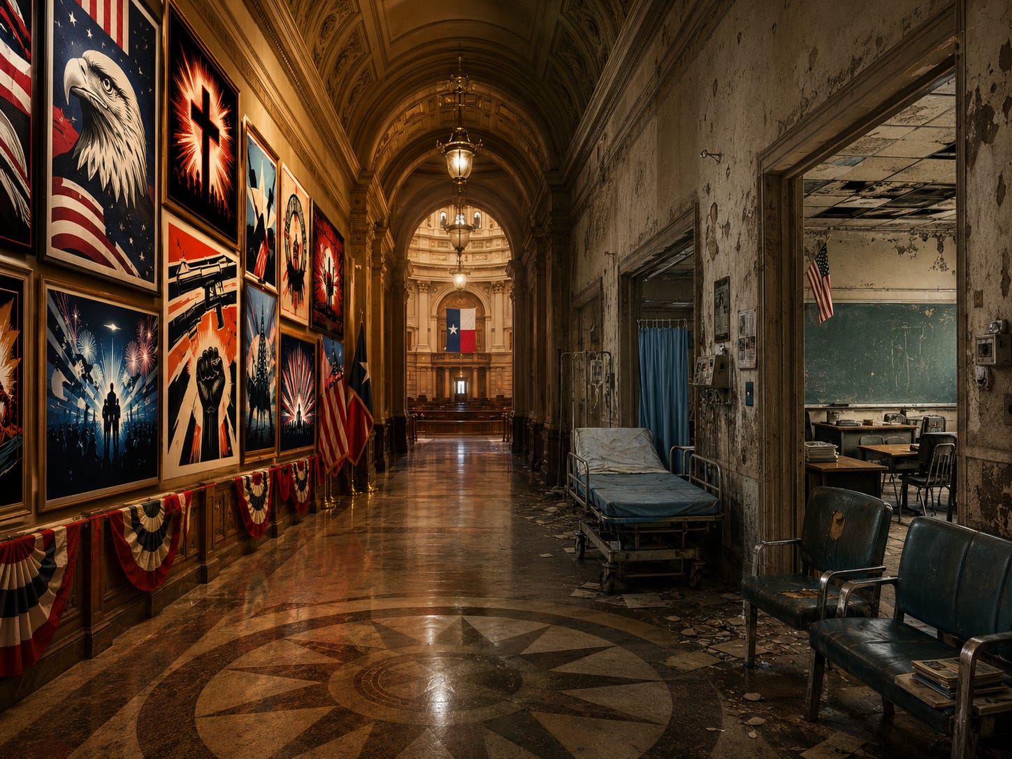 A grand Texas Capitol-style hallway is split visually in two: one side lined with flashy patriotic campaign-style posters, and the other crumbling into scenes of public neglect, including a hospital bed, worn waiting chairs, and a decaying classroom. A grand Texas Capitol-style hallway is split visually in two: one side lined with flashy patriotic campaign-style posters, and the other crumbling into scenes of public neglect, including a hospital bed, worn waiting chairs, and a decaying classroom.