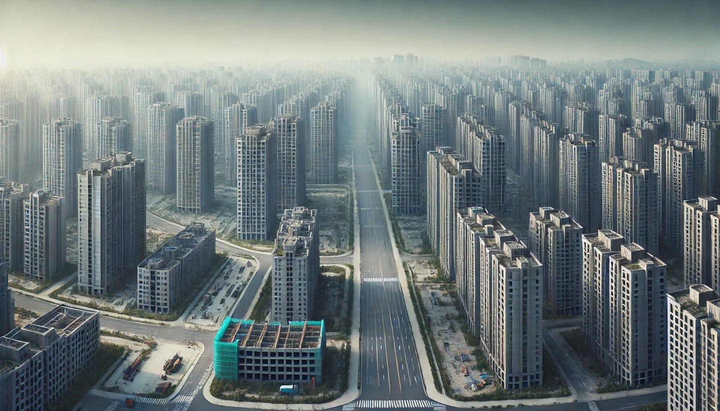A wide aspect ratio, real-life-like image showing a massive Chinese ghost city where nobody lives. The scene features rows of empty, modern high-rise buildings and abandoned streets. The cityscape includes unfinished construction sites, overgrown vegetation, and an eerie, deserted atmosphere. The architecture is contemporary, with skyscrapers, apartment complexes, and wide roads, all devoid of human activity. The overall mood is haunting and silent, capturing the desolate and eerie nature of a ghost city in China.
