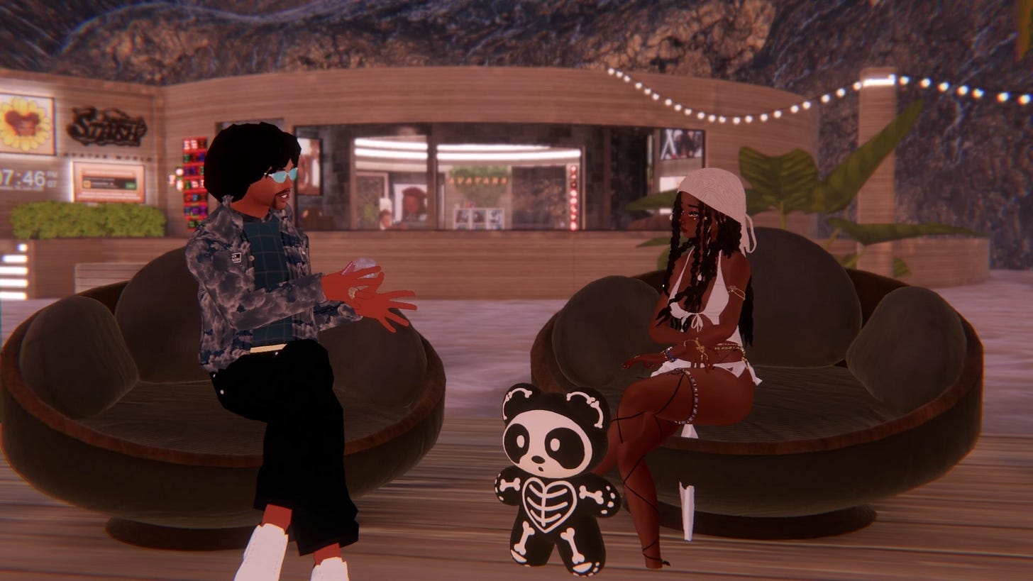 This is an image of ArmaniXR and Hayweee talk about her IRL and VR bear plushie, Benji.
