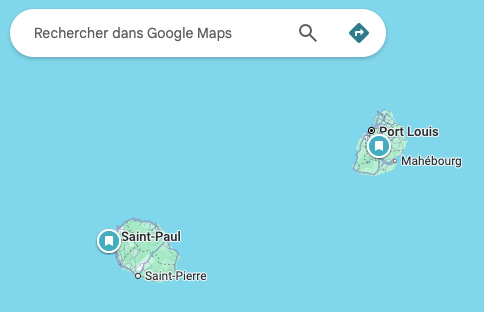 Screenshot google maps de la Réunion et de l'île Maurice dans l'océan Indien