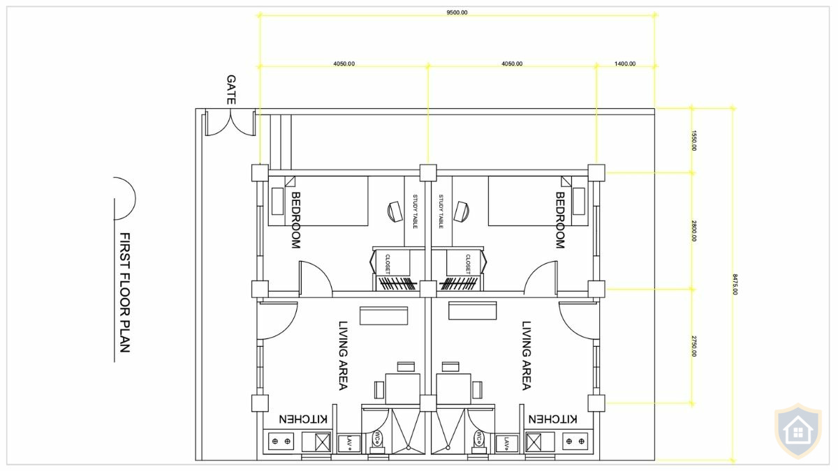 First floor architectural plan with yellow highlighted measurements showing building boundary dimensions of 9500mm and 8475mm, gate area marked, two bedroom units with living areas and kitchens visible