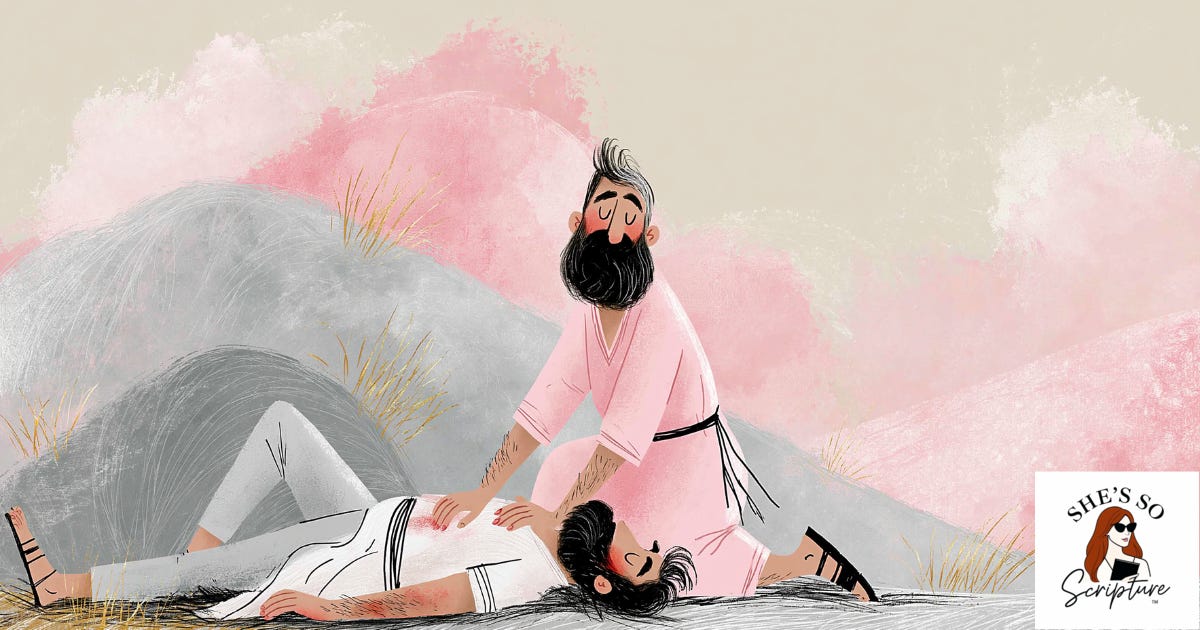 Watercolor fashion illustration of a man kneeling on an ancient road tending to an injured man, depicting the Good Samaritan parable from Luke chapter ten.