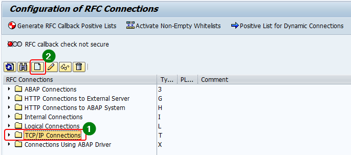 create a new RFC destination in transaction sm59 by selecting the RFC connection type and clicking create.