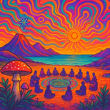 A psychedelic conference scene set in the volcanic landscape of Fuerteventura, Canary Islands. The image features surreal lighting, vibrant colors, and symbolic elements like mushrooms, sacred geometry, and ceremonial circles. The terrain includes arid mountains, golden sand dunes, and ocean views in the distance. Participants are gathered in a peaceful, meditative setting with colorful tents and art installations inspired by psychedelic culture.
