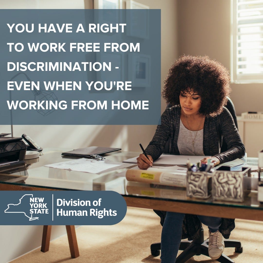 Photo of woman working from home.  "You have a right to work free from discrimination - even when you're working from home."