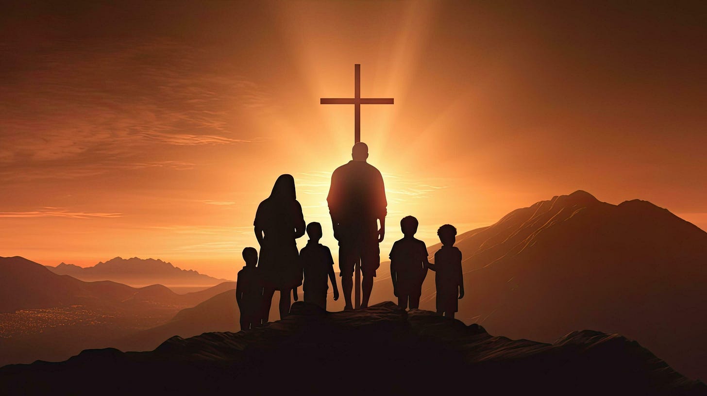 Christian family holding cross praying on mountain at sunset Easter Sunday concept 27102113 ...