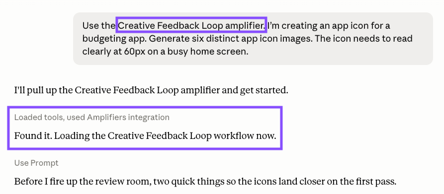 Claude using the Creative Feedback Loop amplifier to generate six budgeting app icon directions and add them to a review page.