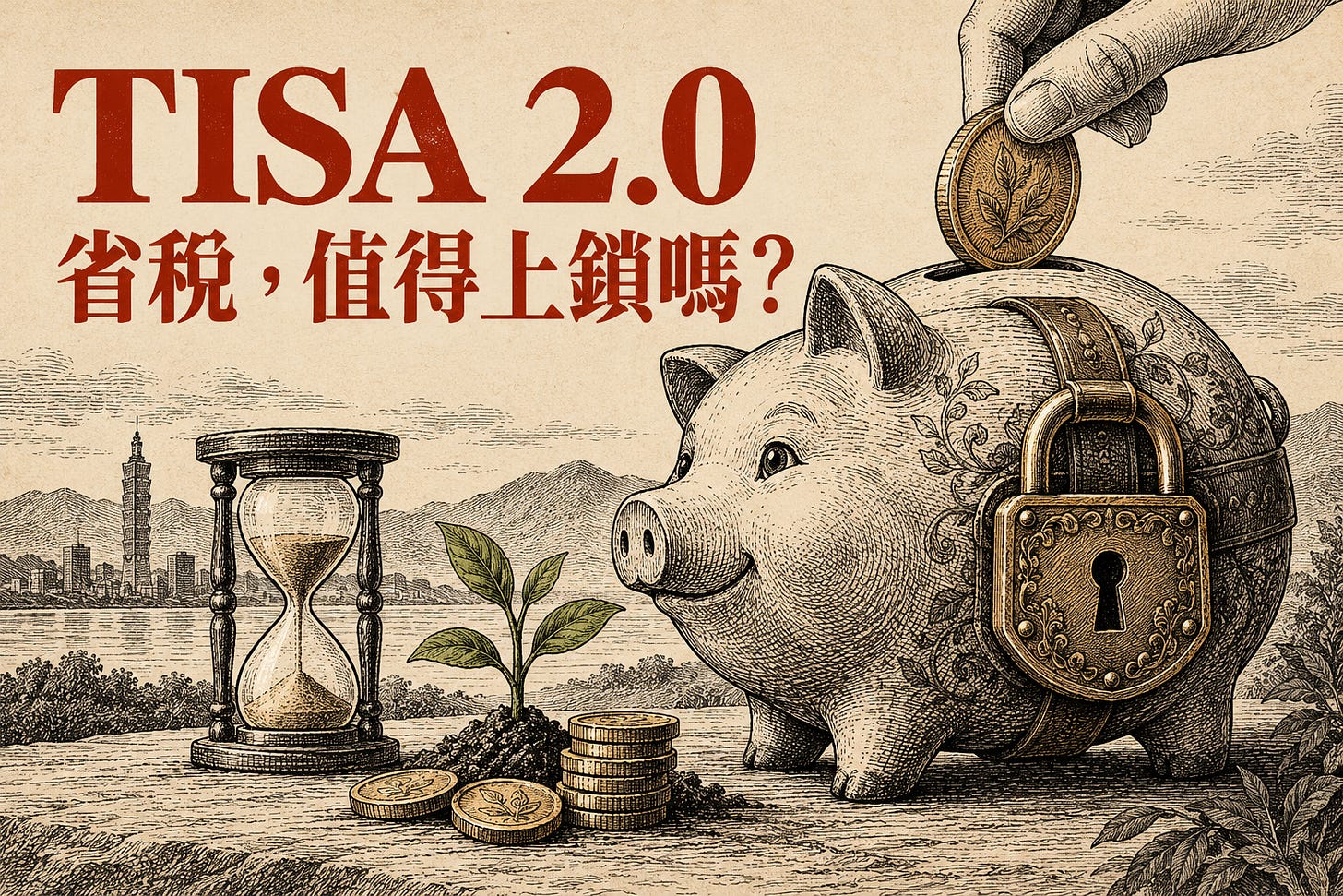 TISA 2.0:上鎖的存錢筒與沙漏,象徵省稅和長期持有的取捨 TISA 2.0:上鎖的存錢筒與沙漏,象徵省稅和長期持有的取捨
