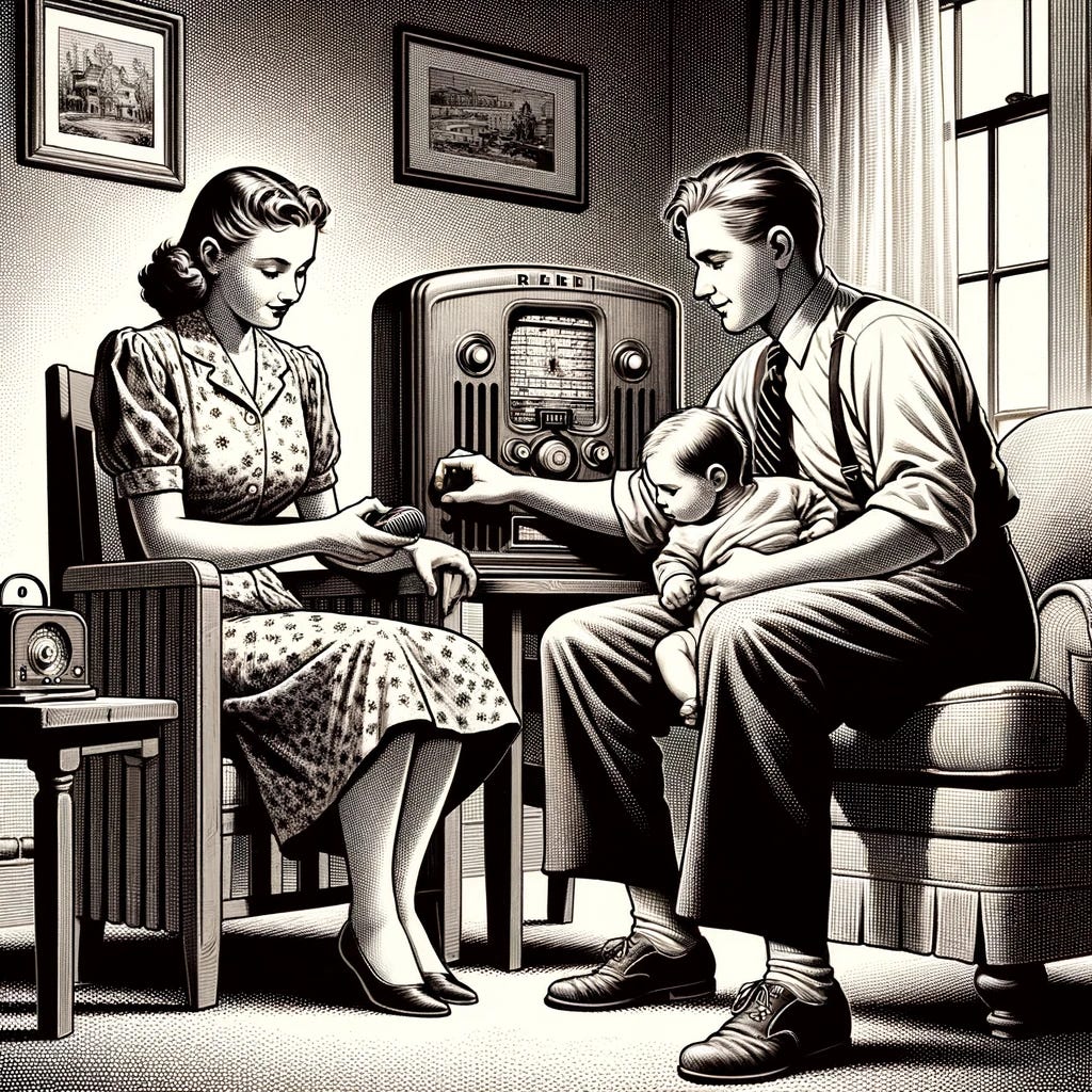 DALL·E 2024-02-03 12.40.11 - An American family in the 1930s is gathered around a vintage radio in their living room. The man, dressed in period-appropriate attire with high-waist.webp