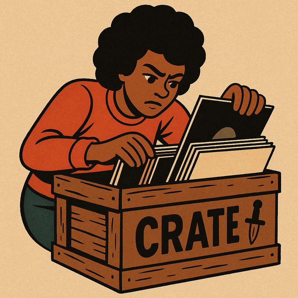 Illustration of a person with short curly hair intently flipping through vinyl records inside a wooden crate labeled ‘CRATE,’ with a small dagger icon beside the word. The person wears a red long-sleeve shirt and leans forward, focused on selecting a record. The style is bold and graphic, with warm, earthy tones and thick black outlines. Illustration of a person with short curly hair intently flipping through vinyl records inside a wooden crate labeled ‘CRATE,’ with a small dagger icon beside the word. The person wears a red long-sleeve shirt and leans forward, focused on selecting a record. The style is bold and graphic, with warm, earthy tones and thick black outlines.