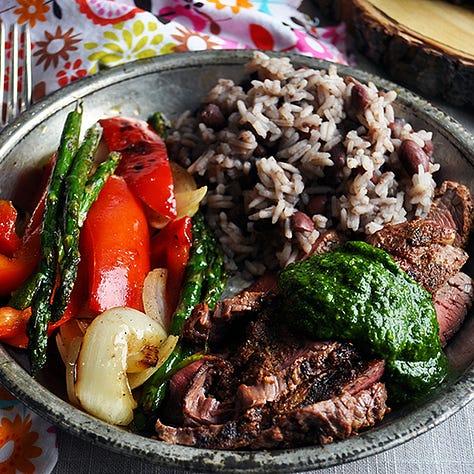 Hamburger bowls, Steak bowls, Chimichurri steak sandwiches, Chimichurri steak fries, Flank steak with chimichurri, Fried summer squash, Vegetarian chili, and Chicken nachos with chimichurri.