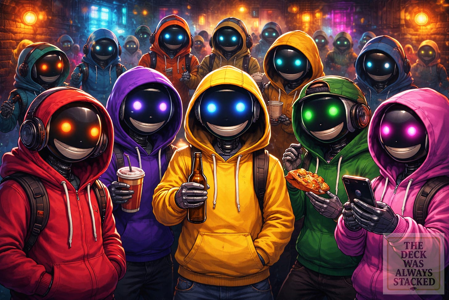 A group of smiling robots in colorful hoodies with glowing eyes gather in a dim urban setting, holding drinks and phones, as if posing for a group photo in a digital underground hangout. Hashtags: #BratzVsBotz #DigitalCavern #GlowingEyes A group of smiling robots in colorful hoodies with glowing eyes gather in a dim urban setting, holding drinks and phones, as if posing for a group photo in a digital underground hangout. Hashtags: #BratzVsBotz #DigitalCavern #GlowingEyes