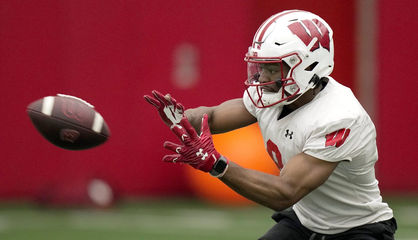 Wisconsin Badgers wide receiver Vinny Anthony II (8) is shown during football practice. Wisconsin Badgers wide receiver Vinny Anthony II (8) is shown during football practice.