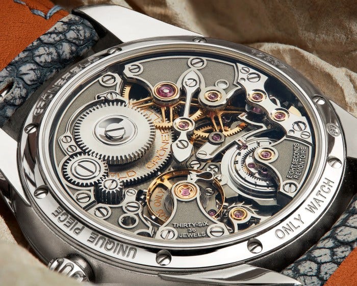 The movement of the 1941 Remontoire Constant Force Only Watch, which features bridges reminiscent of the “bell gable” facades of Dutch houses. The movement of the 1941 Remontoire Constant Force Only Watch, which features bridges reminiscent of the “bell gable” facades of Dutch houses.