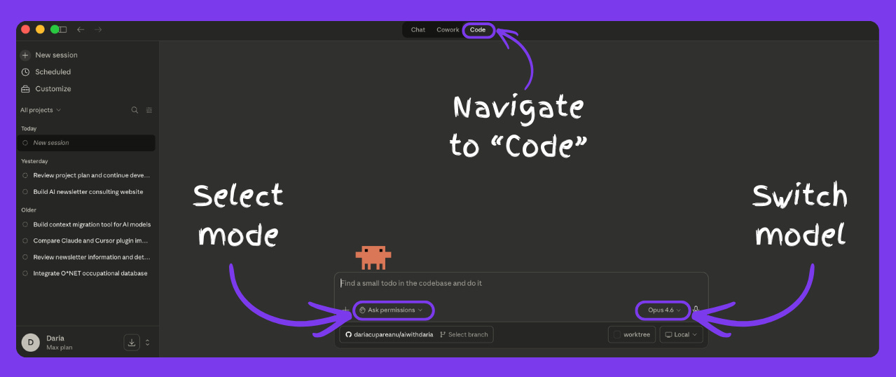 Claude Code desktop app interface with annotations showing where to navigate to the Code tab, select the permission mode (Ask permissions), and switch between AI models (Opus 4.6). Claude Code desktop app interface with annotations showing where to navigate to the Code tab, select the permission mode (Ask permissions), and switch between AI models (Opus 4.6).