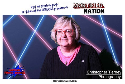 Several images with a laser light background. People wearing 80s hats, scarves, holding Sassy Magazine, or a piccolo, very retro and silly