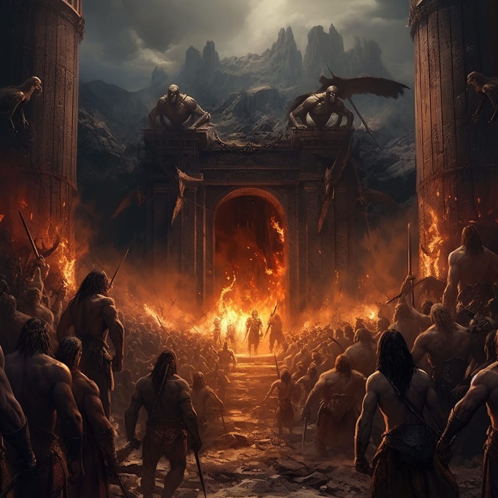 AI depiction of barbarians waiting at the fiery gates of something ominous