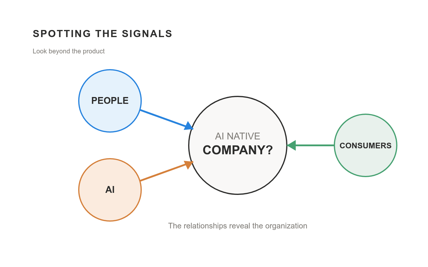 Three signals for recognizing an AI native company: people, AI, and consumers. Three signals for recognizing an AI native company: people, AI, and consumers.