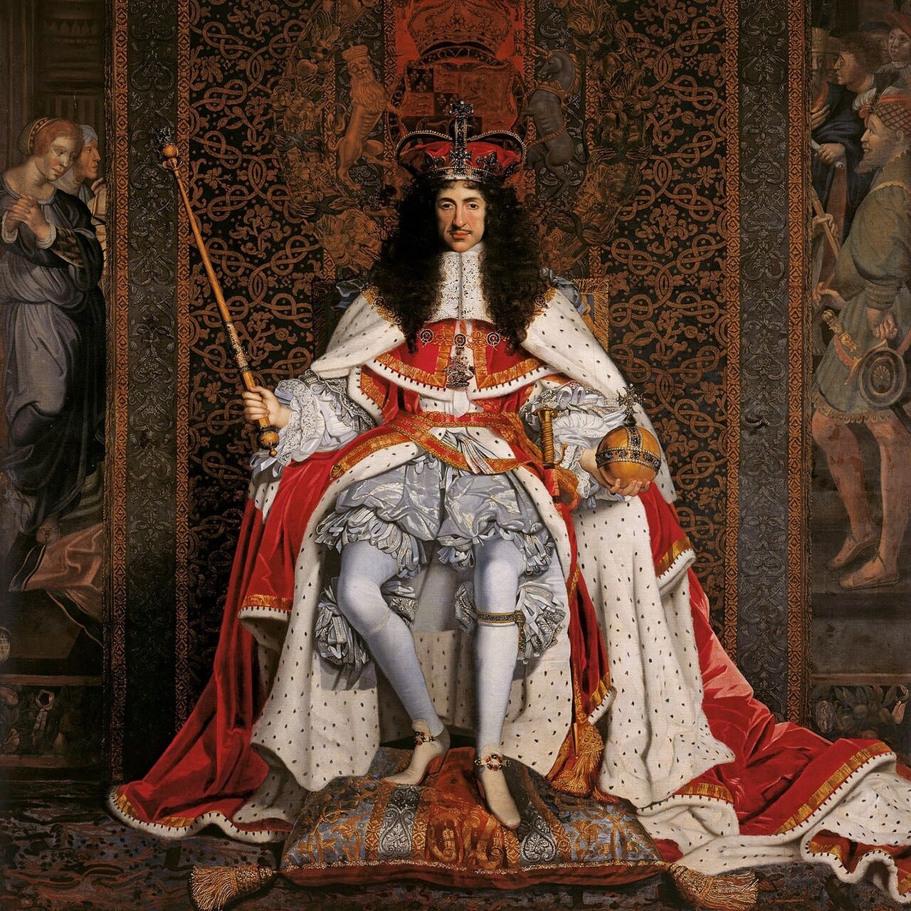 Wright's Charles II: the king enthroned in crimson and ermine robes, wearing a crown and holding an orb and sceptre under a canopy of state Wright's Charles II: the king enthroned in crimson and ermine robes, wearing a crown and holding an orb and sceptre under a canopy of state