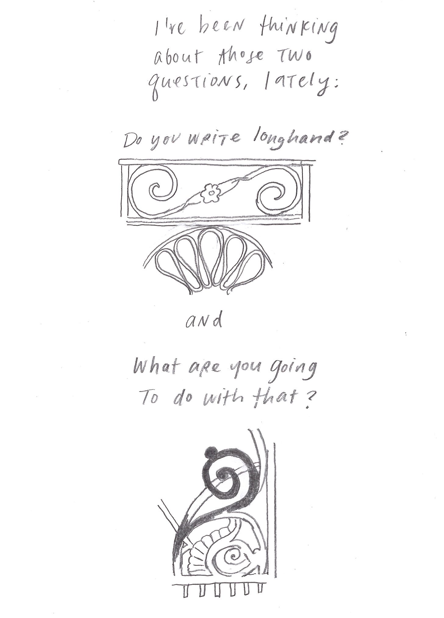 I’ve been thinking of those two questions lately: Do you write longhand? and What are you going to do with that? 