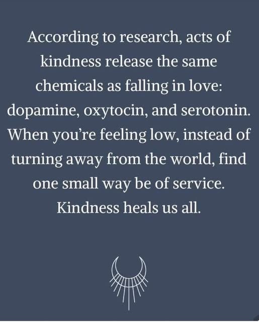 May be an image of text that says 'According to research, acts of kindness release the same chemicals as as falling in love: dopamine, oxytocin, and serotonin. When you're feeling low, instead of turning away from the world, find from one small way be of of service. Kindness heals us all.'