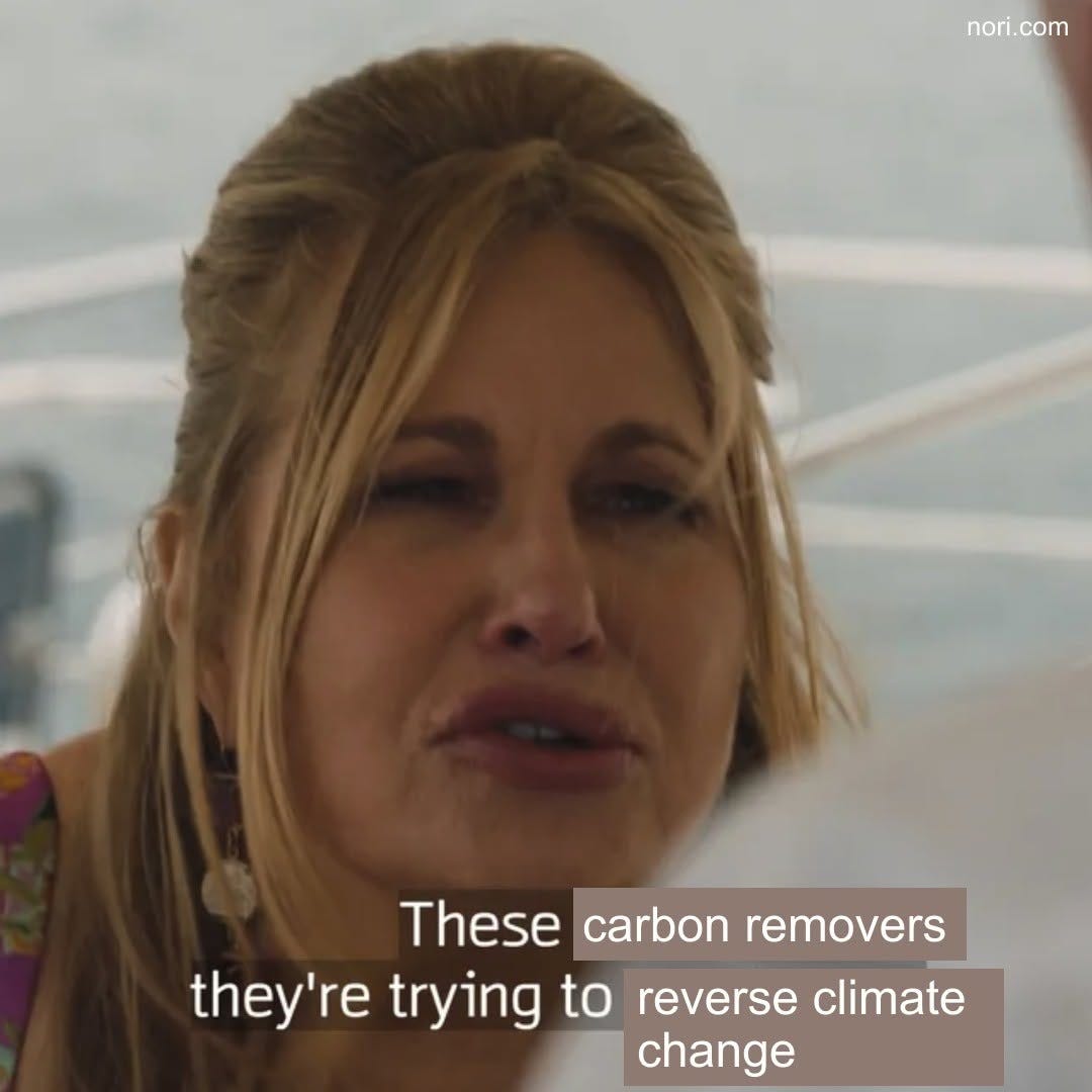 Jennifer Coolidge in The White Lotus, looking tearful and confused, with the subtitle edited to read "These carbon removers, they're trying to reverse climate change".