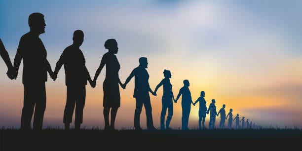Concept of solidarity with a group of people who form a human chain to demonstrate. Concept of the human chain and solidarity with a group of aligned people who join hands to show that unity is strength. peace and unity stock illustrations
