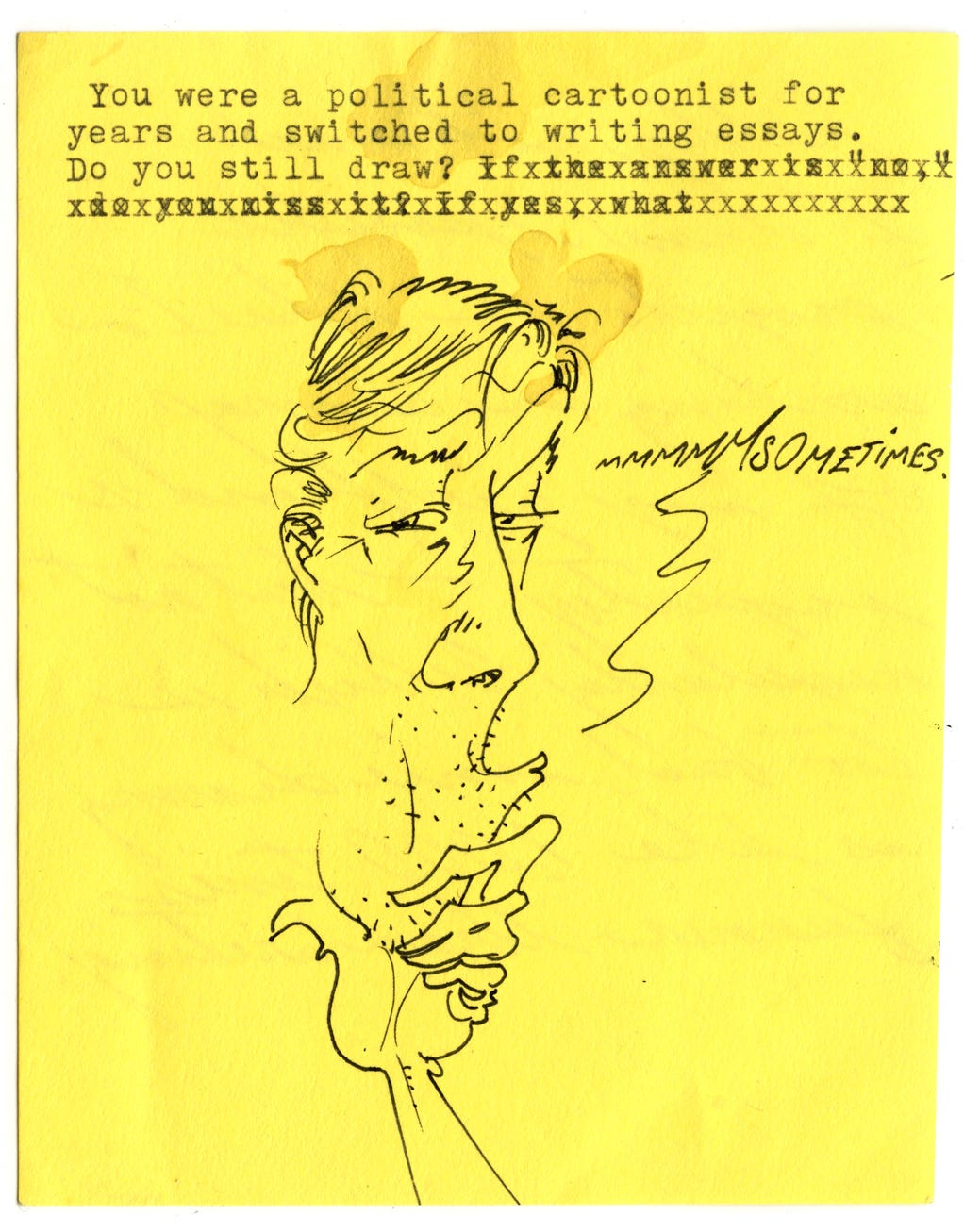 You were a political cartoonist for year and switched to writing essays. Do you still draw?   Mmmmmm Sometimes.