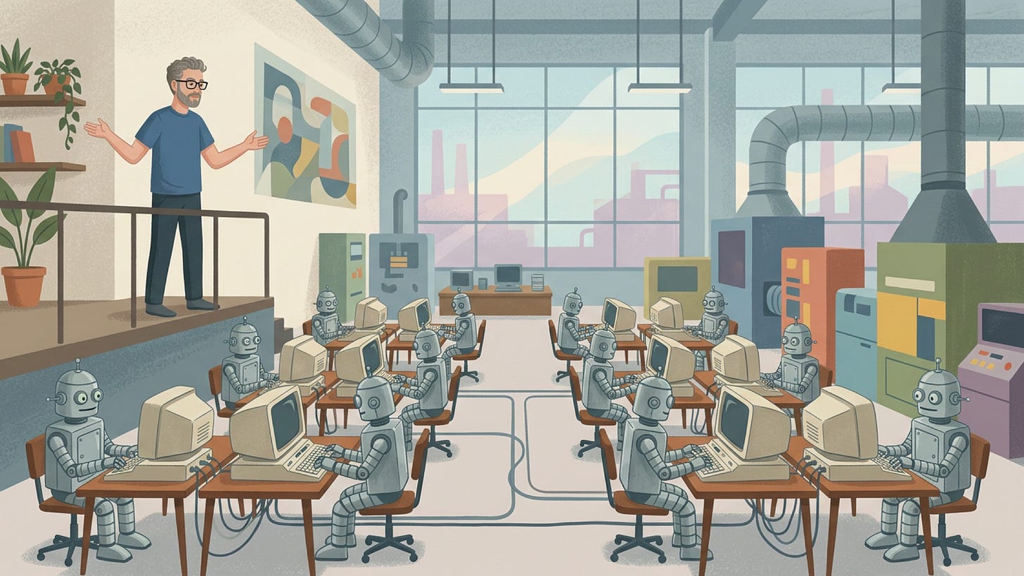 Illustration: a man addressing a factory floor full of robots working at computers Illustration: a man addressing a factory floor full of robots working at computers