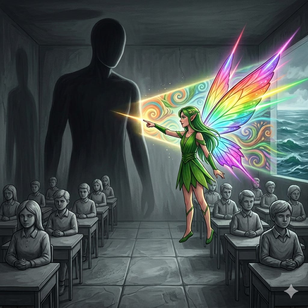 伝統的な英語学習と、動的な言語習得の対比を描いた、力強いファンタジー調のイラスト。モノクロで暗い教室内には、目を閉じた石像のような生徒たちが机に並び、前方には顔のない巨大な黒い教師の影が威圧的に立っている。この静止した光景を突き破るように、緑の衣装を纏った妖精が通路に浮かび、背中の虹色の羽根から鮮やかな光を放っている。妖精が指差した先からは黄金の光線が走り、右側の壁の一部を照らし出している。照らされた部分には、それまでの暗闇とは対照的に、暖色系の渦巻く抽象的な模様と、ダイナミックにうねる青い海が鮮やかに描かれている。この光の演出は、従来の「死んだ学習」から脱却し、AIや新たな視点を通じて「生きたコミュニケーション」の世界へ飛び出すパラダイムシフトを象徴している。 伝統的な英語学習と、動的な言語習得の対比を描いた、力強いファンタジー調のイラスト。モノクロで暗い教室内には、目を閉じた石像のような生徒たちが机に並び、前方には顔のない巨大な黒い教師の影が威圧的に立っている。この静止した光景を突き破るように、緑の衣装を纏った妖精が通路に浮かび、背中の虹色の羽根から鮮やかな光を放っている。妖精が指差した先からは黄金の光線が走り、右側の壁の一部を照らし出している。照らされた部分には、それまでの暗闇とは対照的に、暖色系の渦巻く抽象的な模様と、ダイナミックにうねる青い海が鮮やかに描かれている。この光の演出は、従来の「死んだ学習」から脱却し、AIや新たな視点を通じて「生きたコミュニケーション」の世界へ飛び出すパラダイムシフトを象徴している。