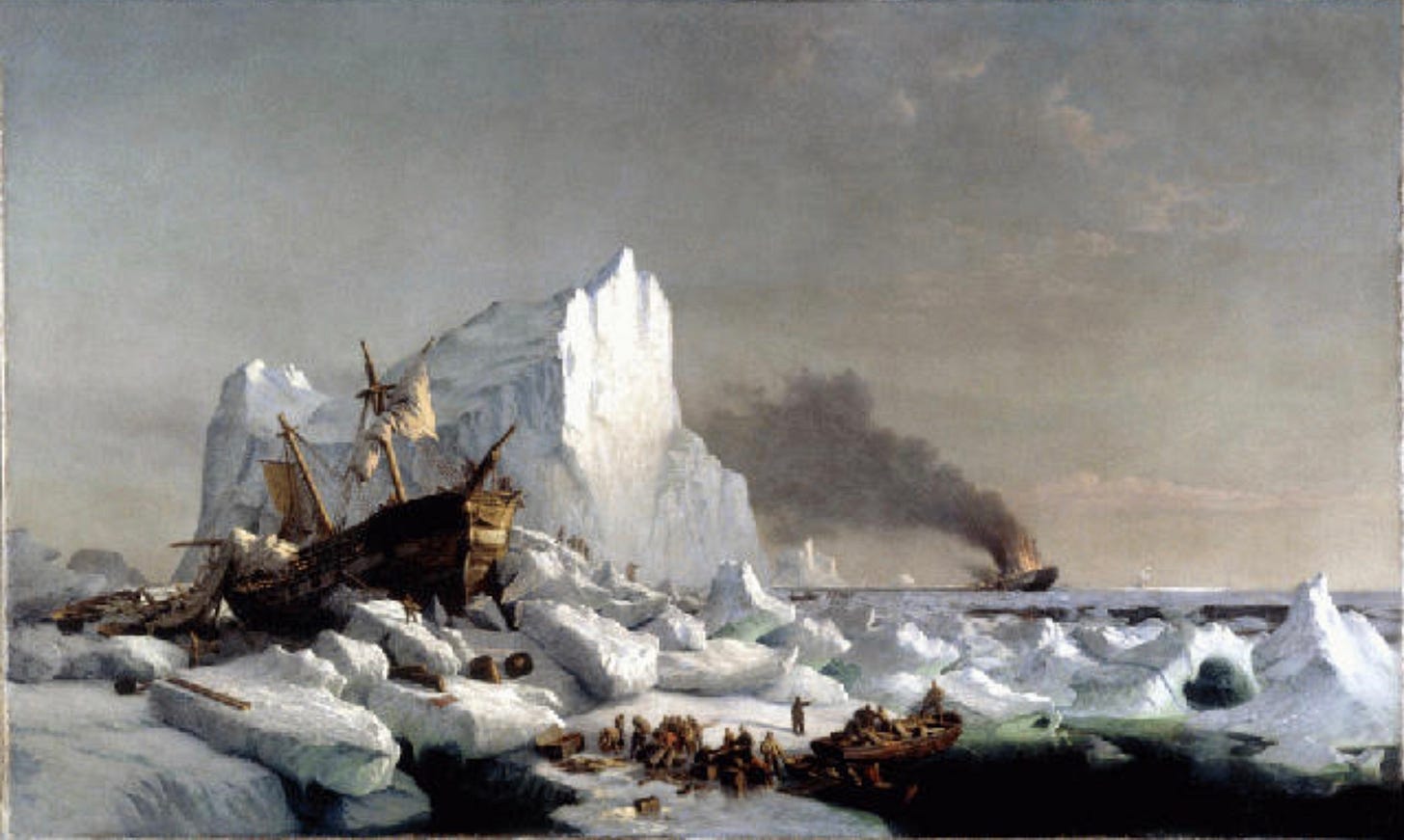 A sailing ship lies wrecked against a towering iceberg while stranded sealers gather on the ice in the foreground and smoke rises from another vessel on the horizon. A sailing ship lies wrecked against a towering iceberg while stranded sealers gather on the ice in the foreground and smoke rises from another vessel on the horizon.