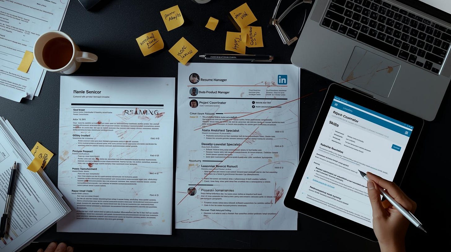 Three versions of tailored resumes showing conflicting job titles and inconsistent professional narrative