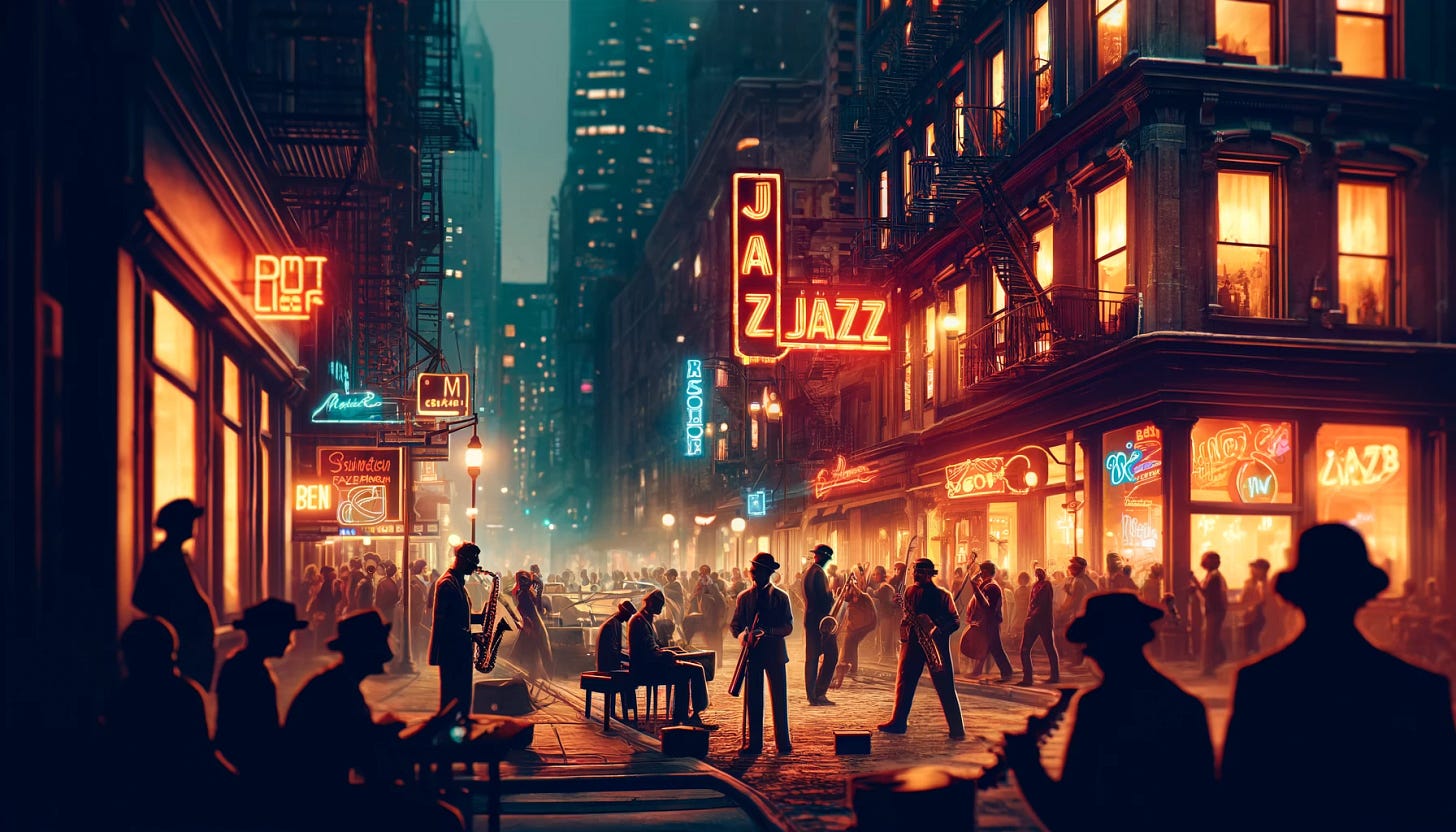A vibrant jazz city at night, showcasing busy streets with cozy, dimly lit jazz clubs. Musicians are seen carrying their instruments, while audiences gather around to enjoy live performances. Neon signs glow above club doorways, and the scene is filled with the sounds of saxophones, trumpets, and pianos. The atmosphere is lively and culturally rich, with people from diverse backgrounds enjoying the music, set in an urban environment.