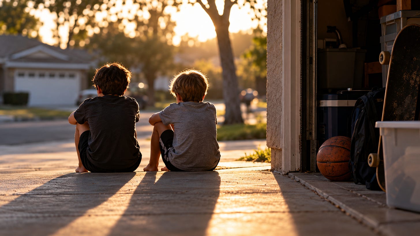 Two fictional boys seen from behind, sitting beside each other on a sunlit driveway with an open garage nearby. Two fictional boys seen from behind, sitting beside each other on a sunlit driveway with an open garage nearby.
