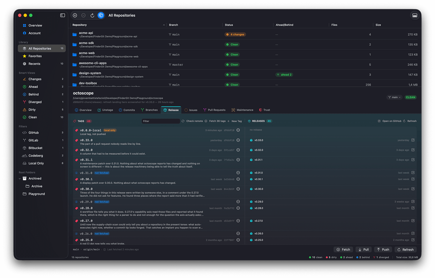 The new Release tab: tags on the left, the releases cut from them on the right, and a presence badge on every row. The new Release tab: tags on the left, the releases cut from them on the right, and a presence badge on every row.
