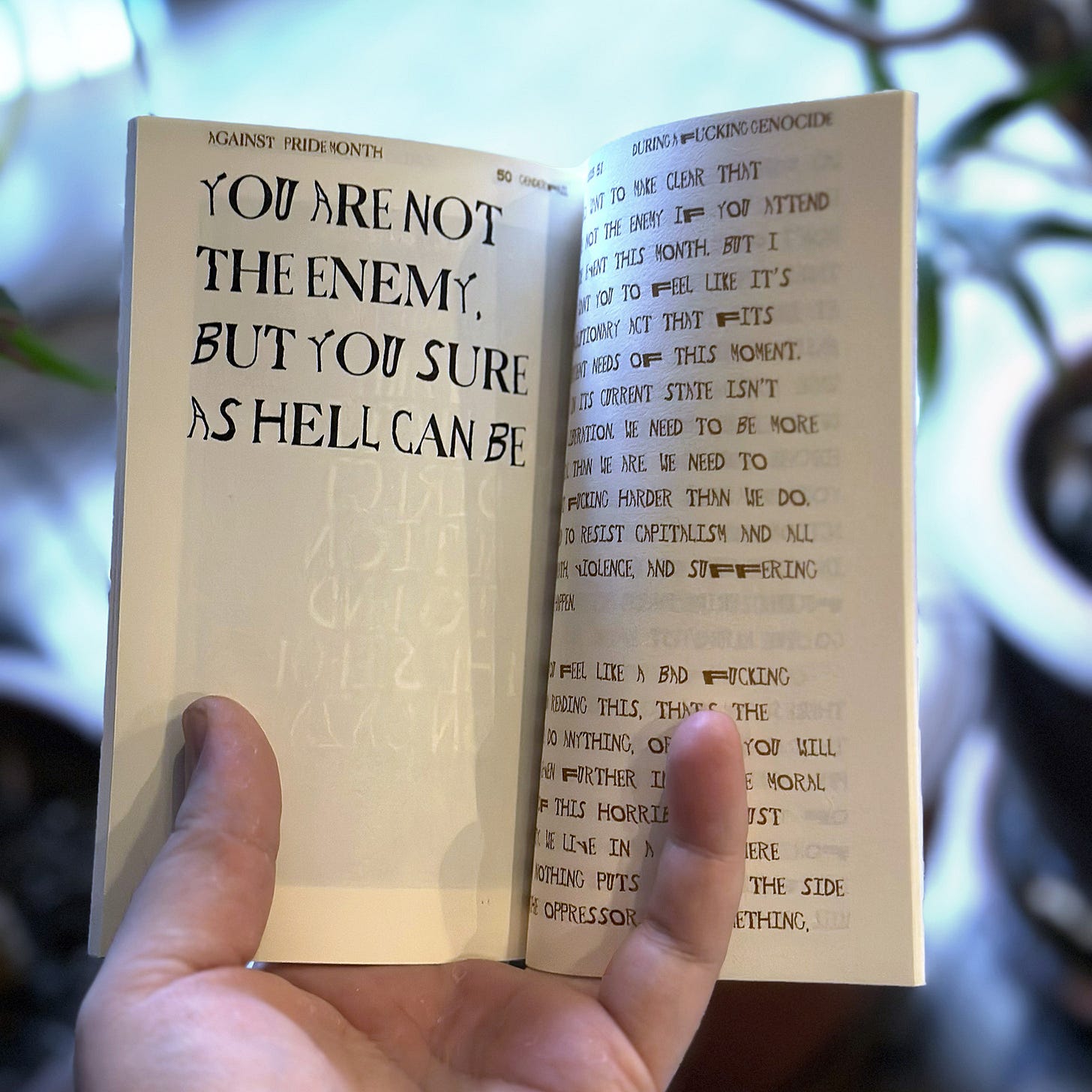 Be Oakley, Against Pride Month During a Fucking Genocide – Manifesto, (risograph printed medium blue, flat gold, raspberry, and black), Copy edited by Yvonne LeBien, GenderFail Press, Ridgewood, NY, 2025