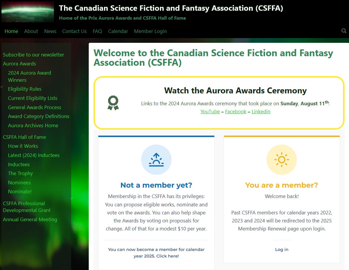 Screenshot of the CSFFA web site.