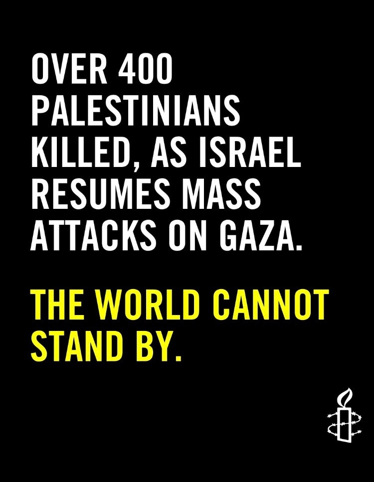 Amnesty post that states that over 400 Palestinians have been killed in one mass killing event