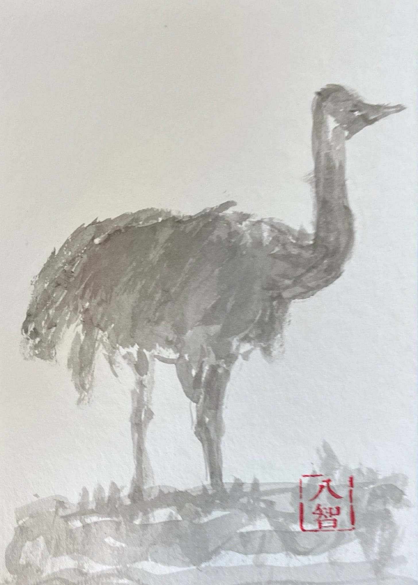 gray charcoal painting (sumi-e) silhouette of an ostrich facing right