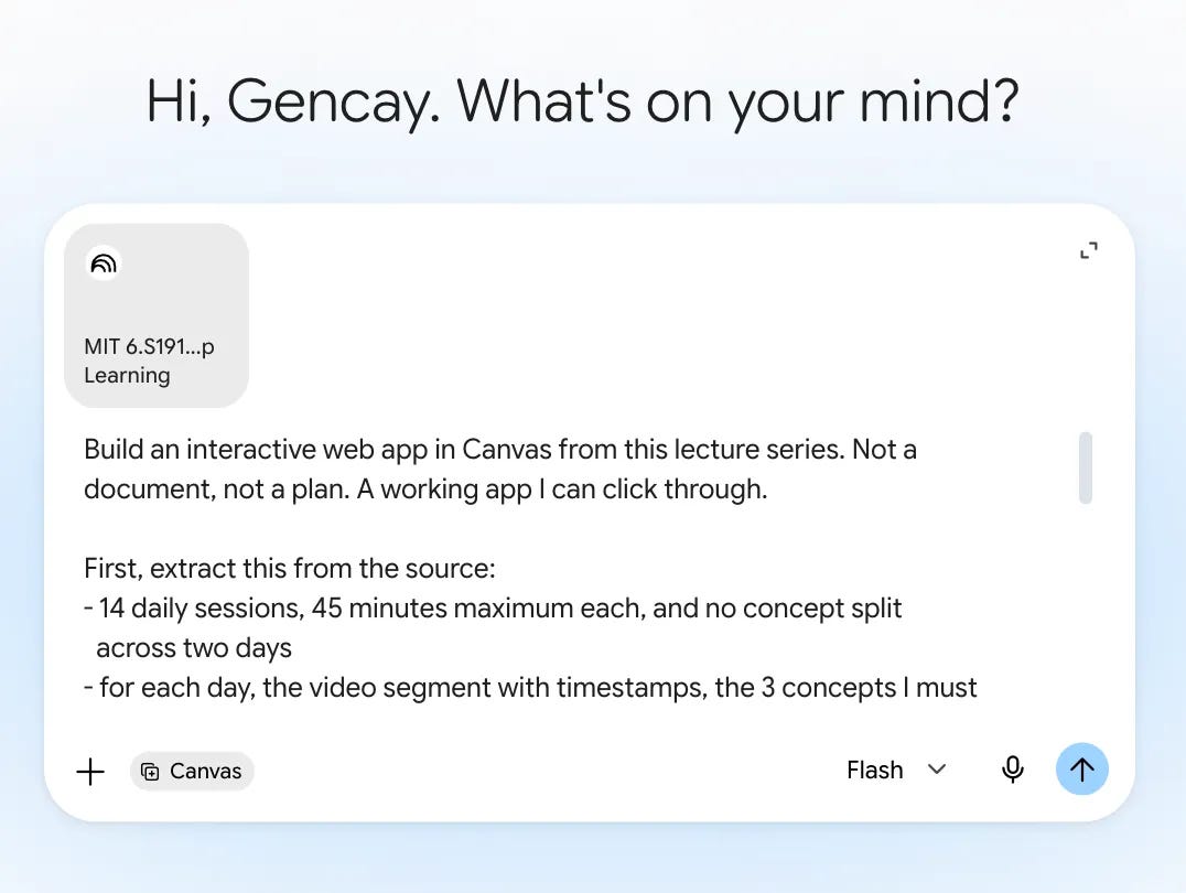 MIT course notebook attached in Gemini with the study plan build prompt