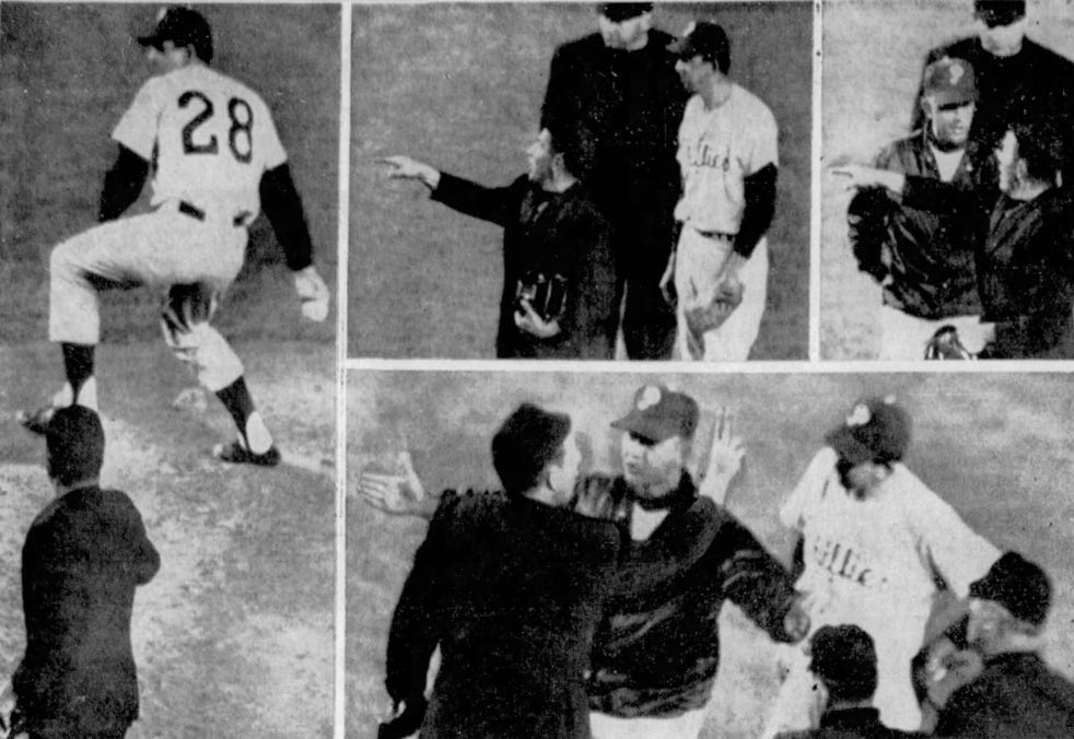 Four-image photo spread showing the mound arguments between Mauch and Vargo.