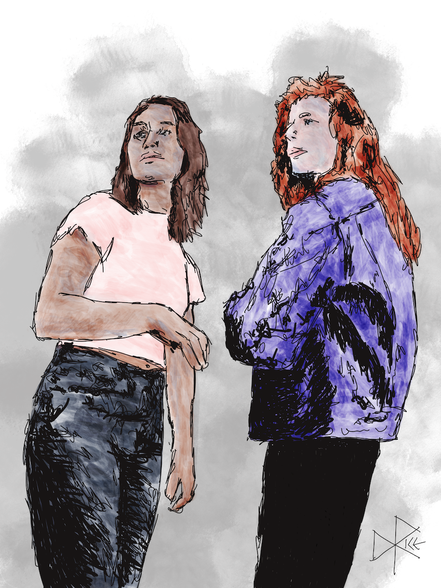Two standing women, looking over their shoulders at something in the distance that has attracted their attention. Sketch art by Don Rice. Two standing women, looking over their shoulders at something in the distance that has attracted their attention. Sketch art by Don Rice.