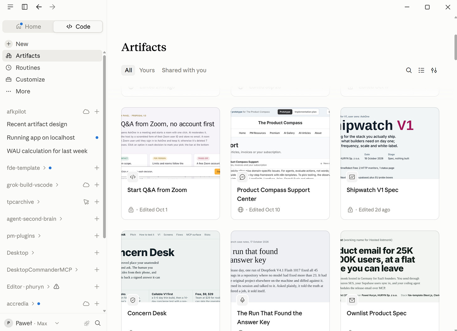 Claude artifacts page in Claude Desktop with prototypes, specs, and research Claude artifacts page in Claude Desktop with prototypes, specs, and research