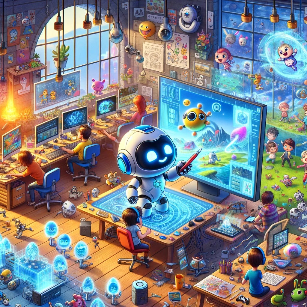 A playful and imaginative scene with the same baby robot from previous illustrations, now inside a vibrant game development studio. The baby robot, acting as a creative game designer, is surrounded by computer screens, virtual reality headsets, and game controllers. The studio is bustling with activity, with cartoon-style characters testing games, discussing ideas, and drawing concept art. In the center, the baby robot is using a large touchscreen to manipulate and create digital landscapes and characters, showcasing the transformative potential of generative AI for game design. Holographic projections of game worlds and characters float in the air, illustrating the endless possibilities that AI brings to the creative process. This scene captures the excitement and innovation in game design made possible by generative AI, appealing to young readers' imaginations.