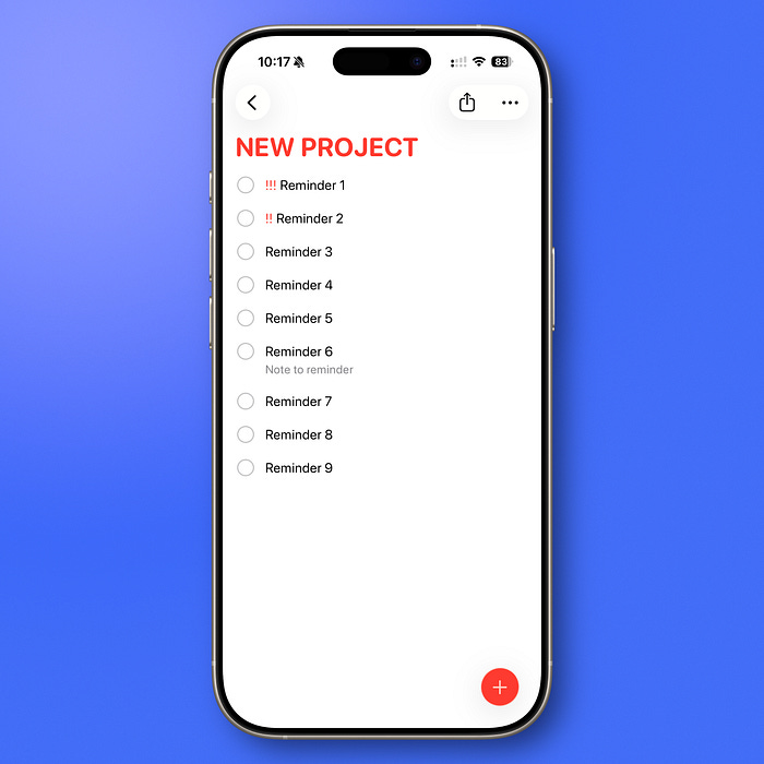 Apple Reminders list view on iPhone showing a new project with multiple tasks in list view. Apple Reminders list view on iPhone showing a new project with multiple tasks in list view.